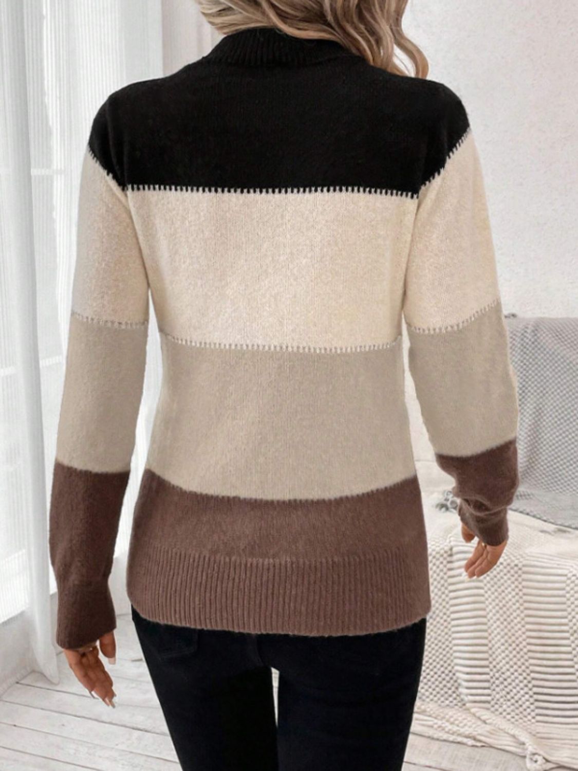 Color Block Mock Neck Long Sleeve Sweater